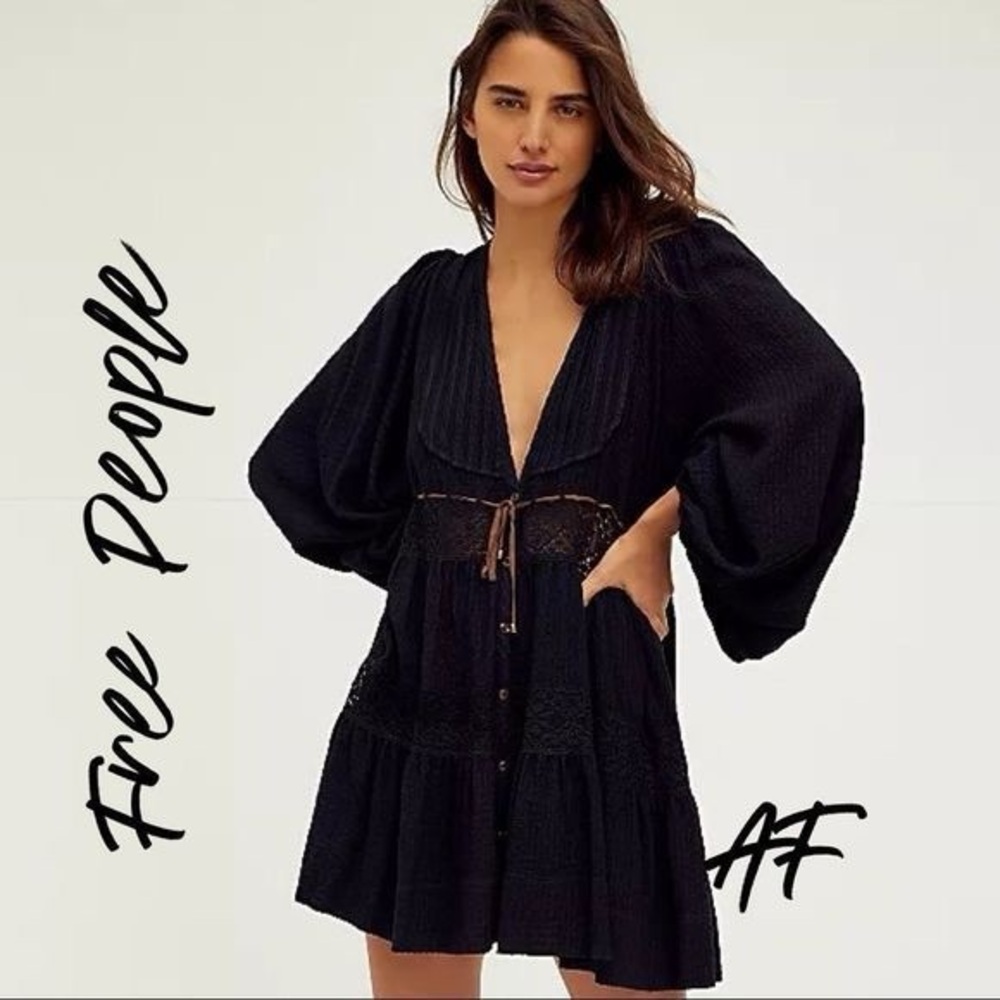 Free People Oversized Cozy Nights Black Mini Dress with Lace Detail Size M